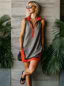 Women's Classic Cotton-Linen Color-Block Sleeveless Zip Collar Mini Dress ZMZ2532E5SWL