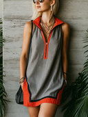 Women's Classic Cotton-Linen Color-Block Sleeveless Zip Collar Mini Dress ZMZ2532E5SWL