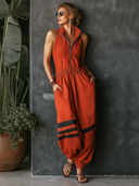 Women's Classic Cotton Linen Sleeveless Elastic Waist Jumpsuit ZMZ2522E7SWL