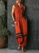 Women's Classic Cotton Linen Sleeveless Elastic Waist Jumpsuit ZMZ2522E7SWL