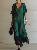 Women's Vintage-Elegant Green Satin Dress: V-Neck, Loose Fit, Short Sleeves, With Black Lace Splicing At Cuffs And Hem Maxi Dress ZMZ2509E3ZYY
