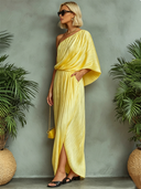 Women's Party Sunlit Pale Yellow One-Shoulder Pleated Maxi Dress ZMZ2323E0SWL