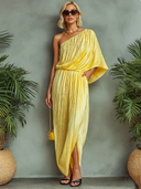 Women's Party Sunlit Pale Yellow One-Shoulder Pleated Maxi Dress ZMZ2323E0SWL