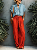 Women's Classic Cotton-Linen Set: V-Neck Short-Sleeve Shirt With Ruffle Trim And Elastic-Waist Straight-Leg Pants ZMZ2583E8SWL