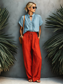 Women's Classic Cotton-Linen Set: V-Neck Short-Sleeve Shirt With Ruffle Trim And Elastic-Waist Straight-Leg Pants ZMZ2583E8SWL