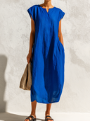 Women's Retro Casual Cotton Linen V-Neck Sleeveless Loose Midi Dress ZMZ2525E0ZJY