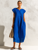 Women's Retro Casual Cotton Linen V-Neck Sleeveless Loose Midi Dress ZMZ2525E0ZJY