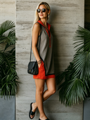Women's Classic Cotton-Linen Color-Block Sleeveless Zip Collar Mini Dress ZMZ2532E5SWL