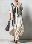 Women's Retro Casual Striped Print Elbow-Length Sleeve Shirt And Pants Set ZMZ2504E0ZJY