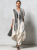 Women's Retro Casual Striped Print Elbow-Length Sleeve Shirt And Pants Set ZMZ2504E0ZJY