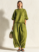 Women's Retro Casual Cotton Linen Elbow-Length Sleeve Top And Pants Set ZMZ2523E4ZJY