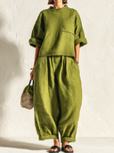 Women's Retro Casual Cotton Linen Elbow-Length Sleeve Top And Pants Set ZMZ2523E4ZJY