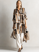 Women's Retro Casual Striped Print Elbow-Length Sleeve Shirt And Pants Set ZMZ2591E1ZJY