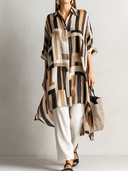 Women's Retro Casual Striped Print Elbow-Length Sleeve Shirt And Pants Set ZMZ2591E1ZJY