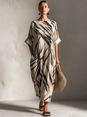 Women's Retro Casual Striped Gradient Print Crew Neck Elbow-Length Sleeve Loose Midi Dress ZMZ2503E2ZJY