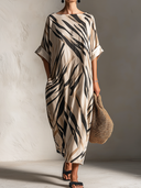 Women's Retro Casual Striped Gradient Print Crew Neck Elbow-Length Sleeve Loose Midi Dress ZMZ2503E2ZJY