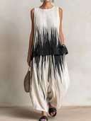 Women's Retro Casual Striped Gradient Print Pleated Sleeveless Top And Pants Set ZMZ2533E8ZJY