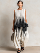 Women's Retro Casual Striped Gradient Print Pleated Sleeveless Top And Pants Set ZMZ2533E8ZJY