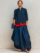 Women's Retro Casual Color Block Cotton Linen Stand Collar Three-Quarter Sleeve Top And Pants Loose Fit Set ZMZ2516E8ZJY
