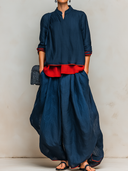Women's Retro Casual Color Block Cotton Linen Stand Collar Three-Quarter Sleeve Top And Pants Loose Fit Set ZMZ2516E8ZJY