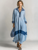 Women's Retro Casual Loose Plaid Patchwork Cotton Linen Long Sleeve Loose Midi Dress ZMZ2537E1ZJY