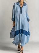 Women's Retro Casual Loose Plaid Patchwork Cotton Linen Long Sleeve Loose Midi Dress ZMZ2537E1ZJY