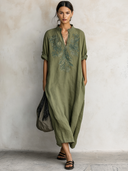 Women's Retro Casual Cotton Linen Floral Embroidery V-Neck Long Sleeve Midi Dress ZMZ2526E3ZJY