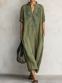 Women's Retro Casual Cotton Linen Floral Embroidery V-Neck Long Sleeve Midi Dress ZMZ2526E3ZJY