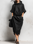 Women's Retro Casual Cotton Linen Hooded Frayed Elbow-Length Sleeve Midi Dress ZMZ2585E8ZJY