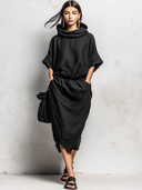 Women's Retro Casual Cotton Linen Hooded Frayed Elbow-Length Sleeve Midi Dress ZMZ2585E8ZJY