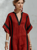 Women's Casual Retro Red & Black Color-Block Cotton-Linen — V-Neck, Short Sleeve, Loose Fit, Maxi Dress ZMZ2597E7ZYY