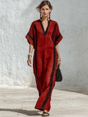 Women's Casual Retro Red & Black Color-Block Cotton-Linen — V-Neck, Short Sleeve, Loose Fit, Maxi Dress ZMZ2597E7ZYY