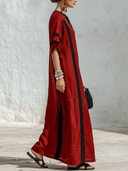 Women's Casual Retro Red & Black Color-Block Cotton-Linen — V-Neck, Short Sleeve, Loose Fit, Maxi Dress ZMZ2597E7ZYY