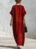 Women's Casual Retro Red & Black Color-Block Cotton-Linen — V-Neck, Short Sleeve, Loose Fit, Maxi Dress ZMZ2597E7ZYY