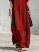 Women's Casual Retro Red & Black Color-Block Cotton-Linen — V-Neck, Short Sleeve, Loose Fit, Maxi Dress ZMZ2597E7ZYY