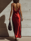 Women's Fashion: Vintage-Style, Sexy Featuring Side-Panel Black Lace Splicing, Spaghetti Straps, And A V-Neckline Red Satin Maxi Dress ZMZ2526E0ZYY