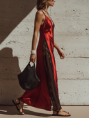 Women's Fashion: Vintage-Style, Sexy Featuring Side-Panel Black Lace Splicing, Spaghetti Straps, And A V-Neckline Red Satin Maxi Dress ZMZ2526E0ZYY