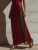 Women's Fashion: Vintage-Style, Sexy Featuring Side-Panel Black Lace Splicing, Spaghetti Straps, And A V-Neckline Red Satin Maxi Dress ZMZ2526E0ZYY