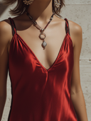Women's Fashion: Vintage-Style, Sexy Featuring Side-Panel Black Lace Splicing, Spaghetti Straps, And A V-Neckline Red Satin Maxi Dress ZMZ2526E0ZYY