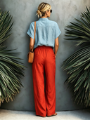 Women's Classic Cotton-Linen Set: V-Neck Short-Sleeve Shirt With Ruffle Trim And Elastic-Waist Straight-Leg Pants ZMZ2583E8SWL