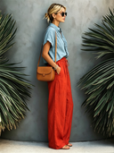 Women's Classic Cotton-Linen Set: V-Neck Short-Sleeve Shirt With Ruffle Trim And Elastic-Waist Straight-Leg Pants ZMZ2583E8SWL