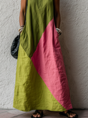 Women's Casual Retro Vacation-Style Dress — Color-Block, Round Neck, Sleeveless, Loose-Fit Cotton-Linen Maxi Dress ZMZ2504E1ZYY