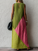 Women's Casual Retro Vacation-Style Dress — Color-Block, Round Neck, Sleeveless, Loose-Fit Cotton-Linen Maxi Dress ZMZ2504E1ZYY