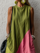 Women's Casual Retro Vacation-Style Dress — Color-Block, Round Neck, Sleeveless, Loose-Fit Cotton-Linen Maxi Dress ZMZ2504E1ZYY