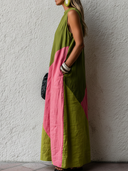 Women's Casual Retro Vacation-Style Dress — Color-Block, Round Neck, Sleeveless, Loose-Fit Cotton-Linen Maxi Dress ZMZ2504E1ZYY