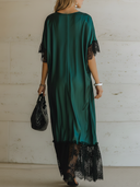 Women's Vintage-Elegant Green Satin Dress: V-Neck, Loose Fit, Short Sleeves, With Black Lace Splicing At Cuffs And Hem Maxi Dress ZMZ2509E3ZYY