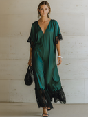 Women's Vintage-Elegant Green Satin Dress: V-Neck, Loose Fit, Short Sleeves, With Black Lace Splicing At Cuffs And Hem Maxi Dress ZMZ2509E3ZYY