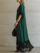 Women's Vintage-Elegant Green Satin Dress: V-Neck, Loose Fit, Short Sleeves, With Black Lace Splicing At Cuffs And Hem Maxi Dress ZMZ2509E3ZYY