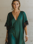 Women's Vintage-Elegant Green Satin Dress: V-Neck, Loose Fit, Short Sleeves, With Black Lace Splicing At Cuffs And Hem Maxi Dress ZMZ2509E3ZYY