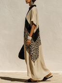 Women's Casual Vacation-Style  Loose-Fit, Short-Sleeve V-Neck With Cotton-Linen Paneling And Leopard Print Maxi Dress ZMZ2506E0ZYY